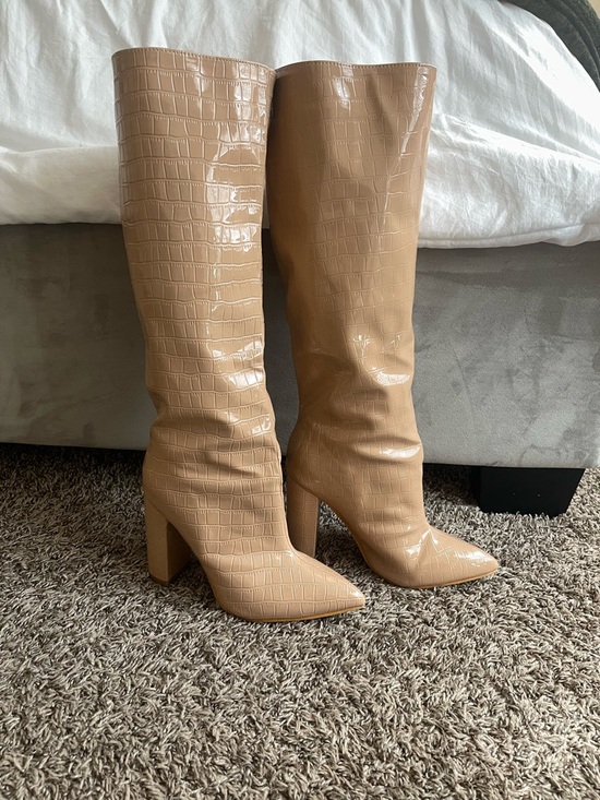 . Shoes - Croc-Embossed Over-the-Knee Pointed Toe Boots in Nude